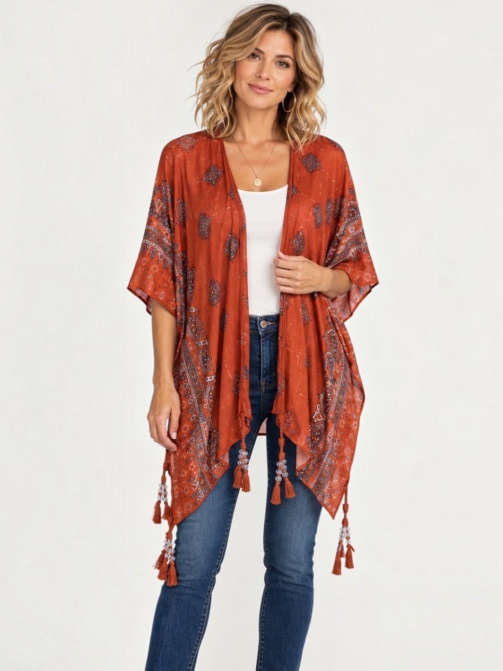 Steve Madden Burnt Orange Boho Border Print Kimono Beaded Tassels OSFM